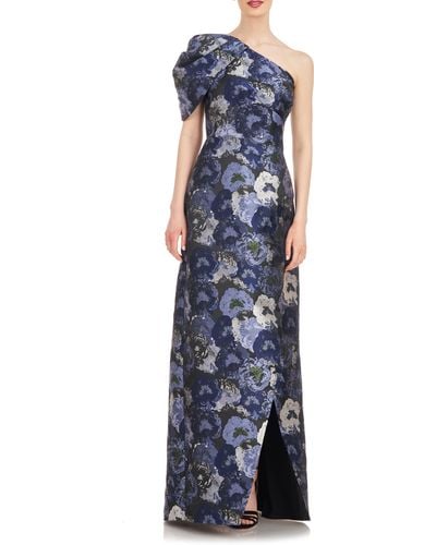 Kay Unger Briana Asymmetric Floral Jacquard Gown - Blue