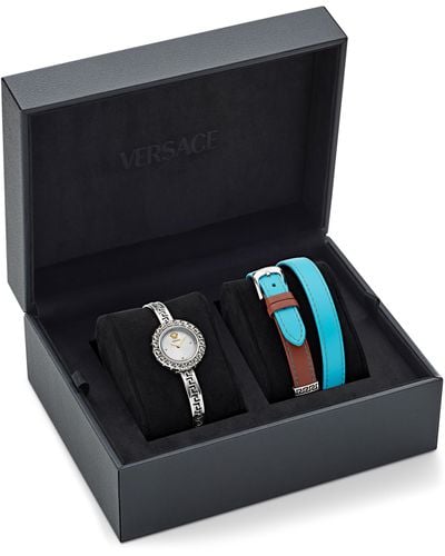 Versace La Greca Diamond Bracelet Watch & Leather Strap Gift Set - Black