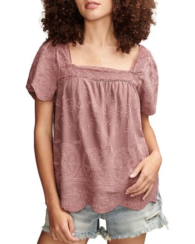 Lucky Brand Embroidered Flutter Sleeve Top - Pink