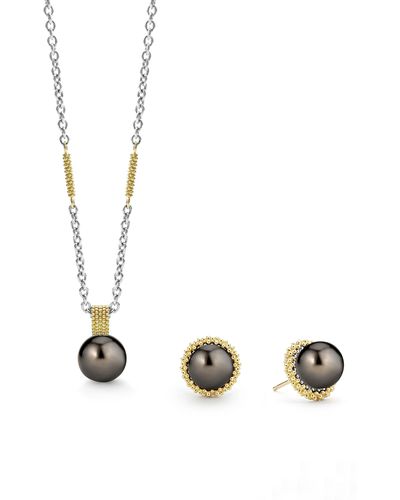 Lagos Tahitian Black Pearl Necklace & Earrings Set - Metallic