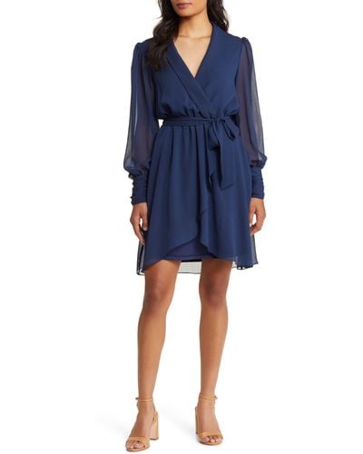 Julia Jordan Long Sleeve Chiffon Faux Wrap Dress - Blue