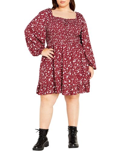 City Chic Lia Floral Long Sleeve Minidress - Red