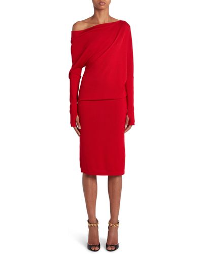 Tom Ford One-shoulder Long Sleeve Cashmere & Silk Midi Sweater Dress - Red