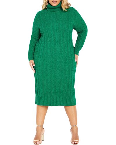 City Chic Kenzi Cable Knit Turtleneck Sweater Dress - Green