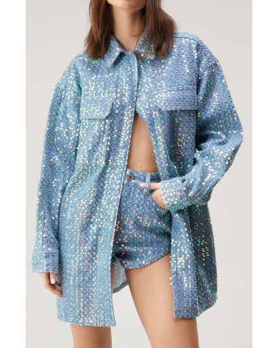 Nasty Gal Sequin Denim Oversize Snap-up Shirt - Blue