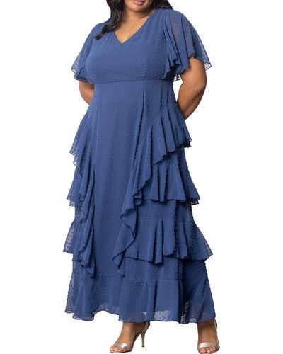 Kiyonna Tour De Flounce Tiered Maxi Dress - Blue
