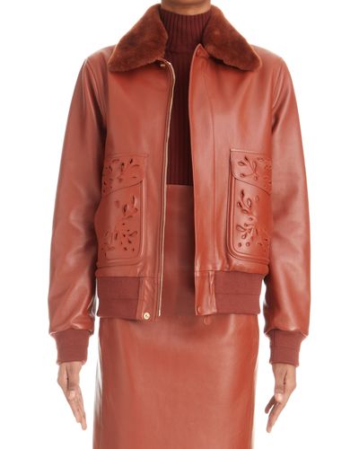Chloé Broderie Anglaise Leather & Genuine Shearling Bomber Jacket - Orange