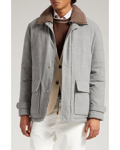 Eleventy Wool Down Coat With Genuine Shearling Trim - Gray