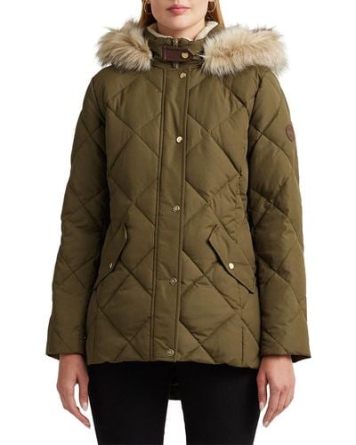 Lauren by Ralph Lauren Diamond Faux Fur Trim Quilted Down & Feather Fill Hooded Puffer Coat - Green