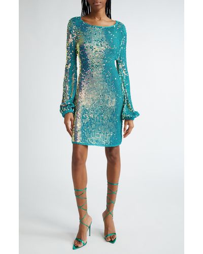 retroféte Tara Sequin Long Sleeve Crochet Minidress - Blue