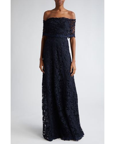 Lela Rose Deedie Off The Shoulder Guipure Lace Gown - Blue