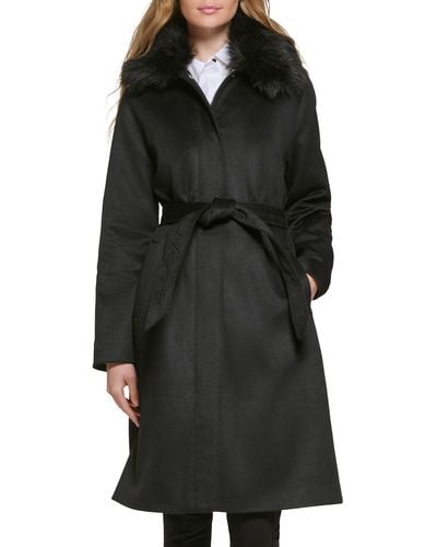 Karl Lagerfeld Luxe Belted Twill Wool Blend Coat With Removable Faux Fur Collar - Black