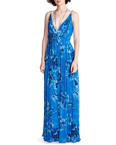 Halston Mindy Floral Chiffon A-line Gown - Blue