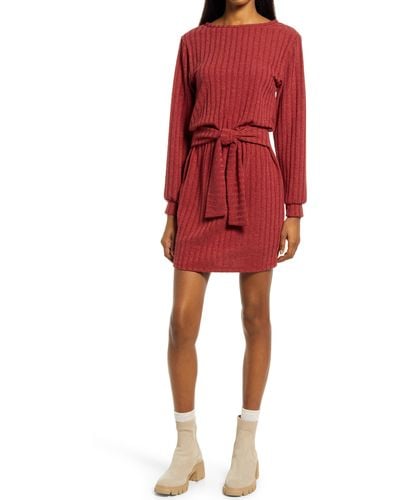 Fraiche By J Tie Front Long Sleeve Dress - Red