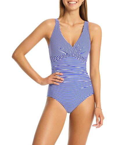 Sea Level Varsity Stripe Cross Front Multifit One-piece Swimsuit - Blue
