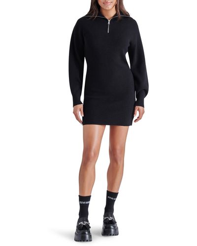 Steve Madden Rowena Quarter Zip Long Sleeve Sweater Minidress - Black