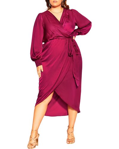 City Chic Opulent Long Sleeve Faux Wrap Midi Dress - Red