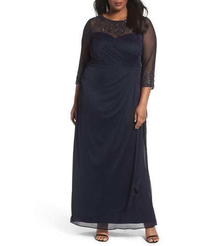 Alex Evenings Beaded Illusion Neck A-line Gown - Blue