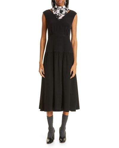 Jason Wu Cap Sleeve Midi Fit & Flare Dress With Silk Neck Tie - Black