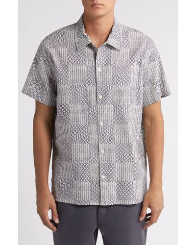 Treasure & Bond Patchwork Linen & Cotton Short Sleeve Button-up Shirt - Gray