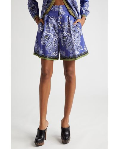 Etro Pleated Floral High Waist Cotton Shorts - Blue