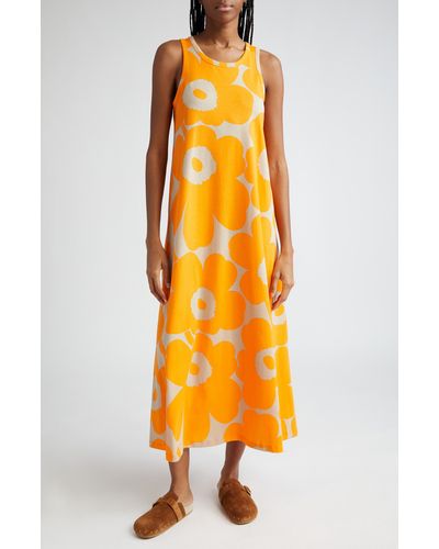 Marimekko Liplatus Unikko Floral Cotton Jersey Dress - Orange