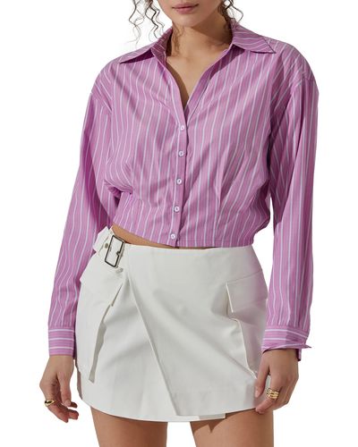 Astr Pinstripe Cotton Crop Button-up Shirt - Purple