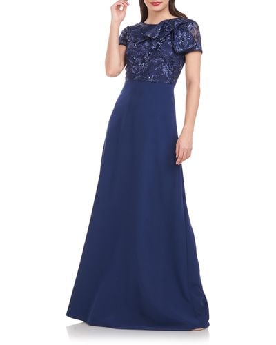 JS Collections Rae Floral Embroidered Bow Detail A-line Gown - Blue