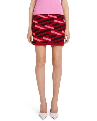 Versace La Greca Monogram Wool Miniskirt - Red