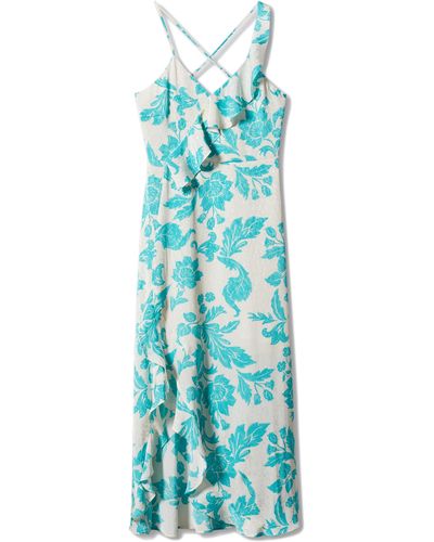 Mango Print Sleeve Ruffle Maxi Dress - Blue