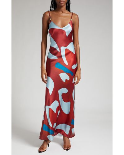 Sir. The Label Frankie Abstract Print Silk Satin Slipdress - Red