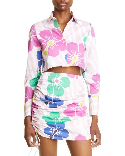 Sammy B Tati Floral Print Crop Cotton Button-up Shirt - Pink