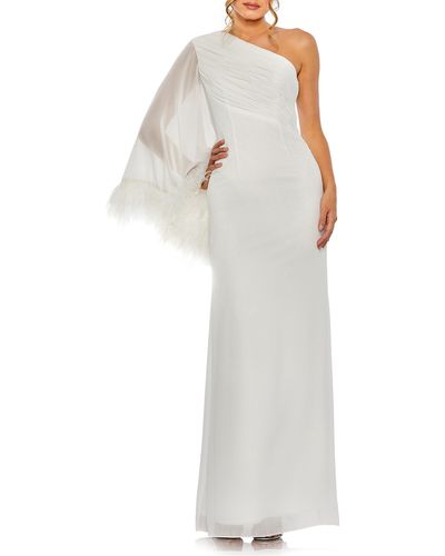 Mac Duggal One-shoulder Feather Gown - White