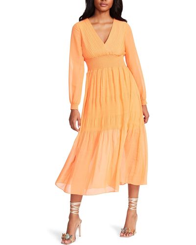 Steve Madden Nylah Smocked Long Sleeve Chiffon Midi Dress - Orange