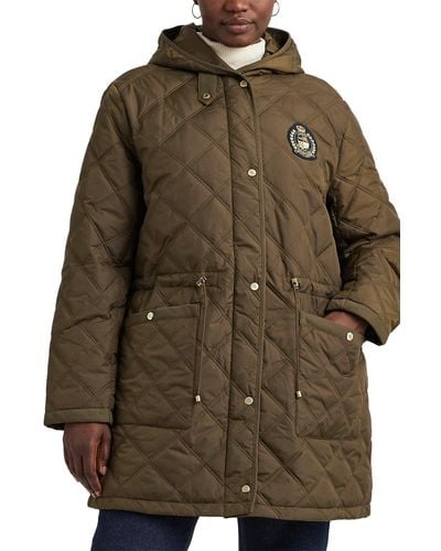 Lauren by Ralph Lauren Crest Embroidered Patch Hooded Quilted Jacket - Brown