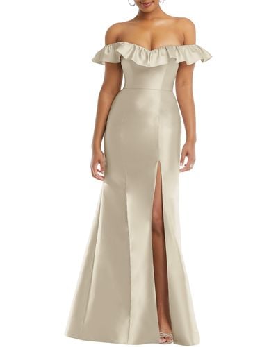 Alfred Sung Off The Shoulder Ruffle Satin Trumpet Gown - Natural