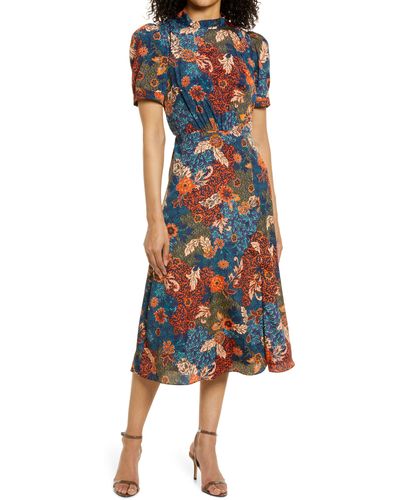 Julia Jordan Floral Puff Sleeve A-line Midi Dress - Multicolor