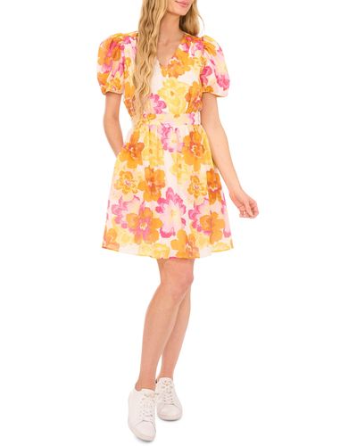 Cece Floral Puff Sleeve Dress - Orange