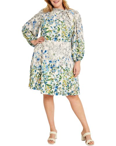 Maggy London Floral Tie Neck Long Sleeve Dress - Blue