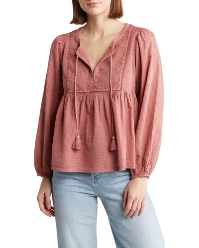 Lucky Brand Balloon Sleeve Cotton Peasant Top - Red