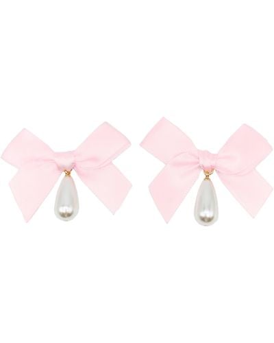 petit moments Bow Imitation Pearl Drop Earrings - Pink