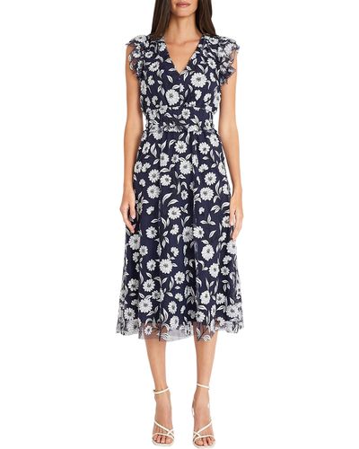 Maggy London Floral Mesh Overlay Dress - Blue