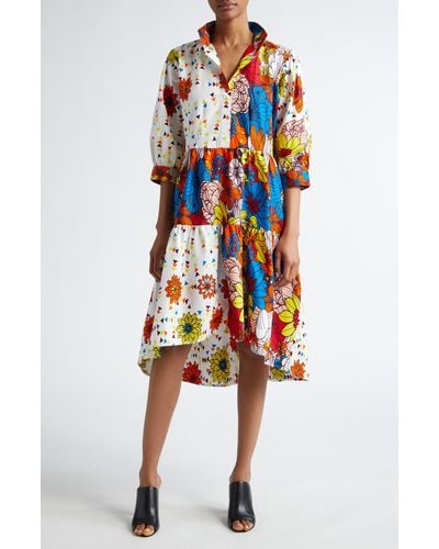 THE OULA COMPANY Mixed Print Tiered High-low Shirtdress - Multicolor