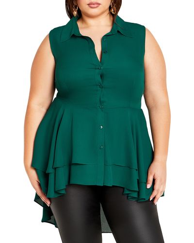 City Chic Tiered Ruffle Hem Sleeveless Button-up Shirt - Green