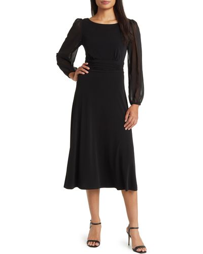 Connected Apparel Chiffon Long Sleeve Midi Dress - Black