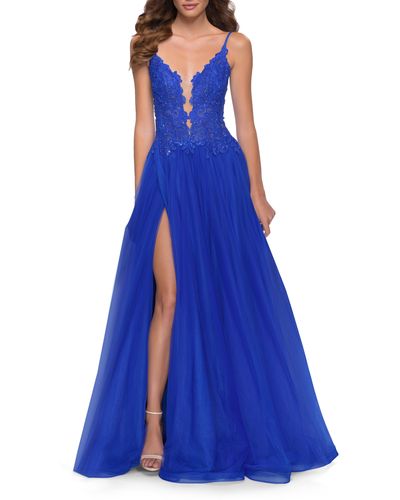 La Femme Floral Embroidered Illusion Plunge Tulle Ballgown - Blue