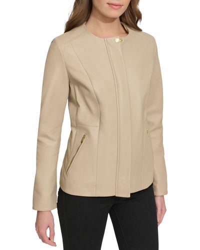 Cole Haan Collarless Leather Jacket - Natural