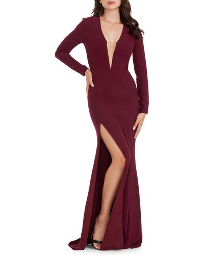 Dress the Population Amber Long Sleeve Illusion Mesh Gown - Red