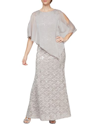 Sl Fashions Beaded Lace & Chiffon Capelet Gown - Gray