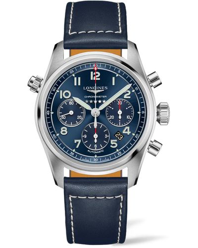 Longines Spirit Automatic Chronograph Leather Strap Watch - Blue